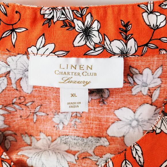 Charter Club Luxury Top XL Linen Blend Orange Tie Front Floral Monkies Cheetah - Picture 10 of 11